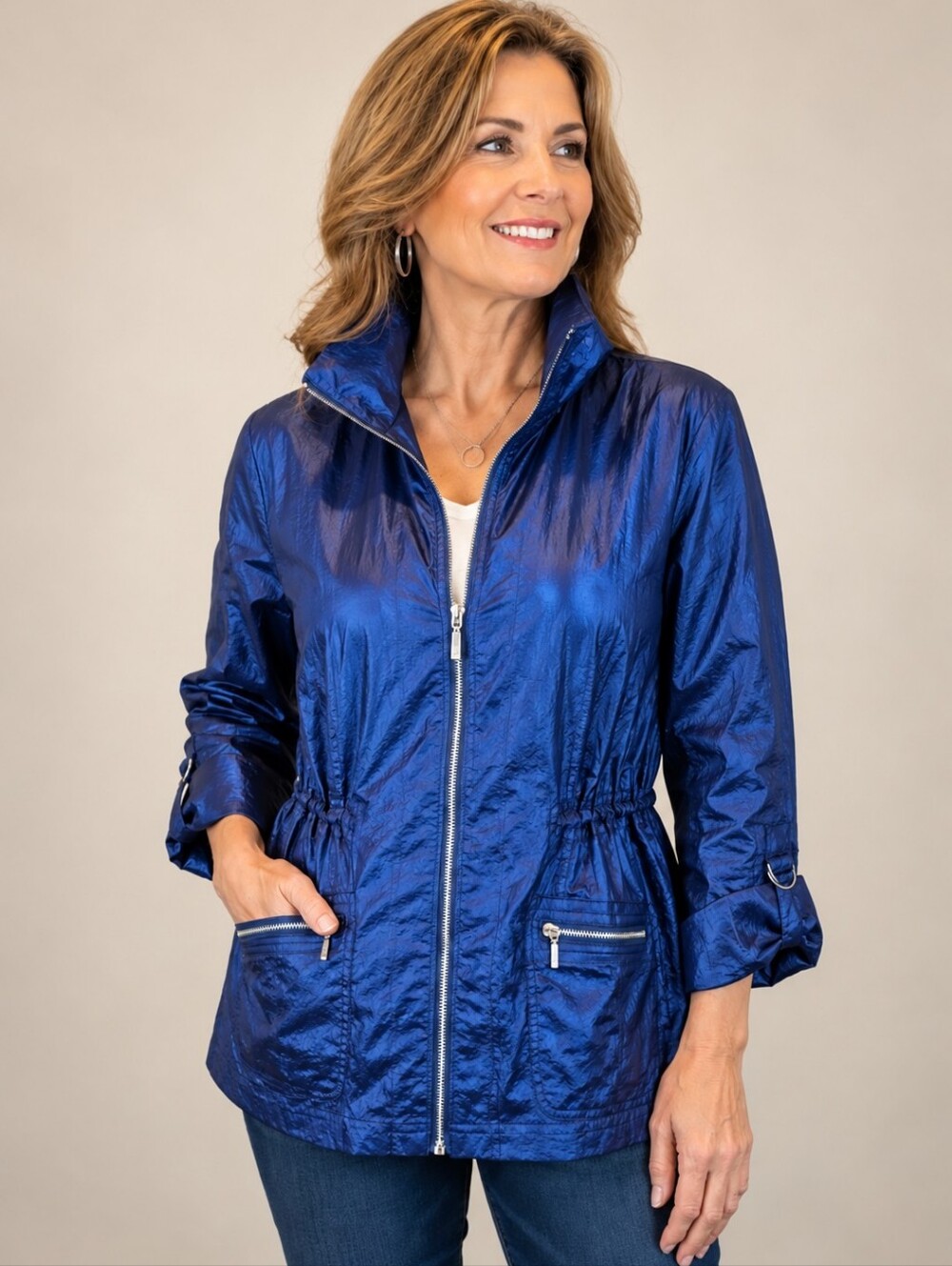 Chico's Collection Navy Blue Shimmer Windbreaker Rain Jacket Size 1 (Medium)